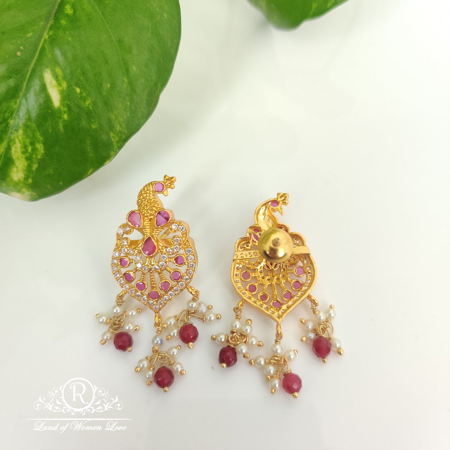 Silver Kempu Stones Peacock Design Earrings-M135