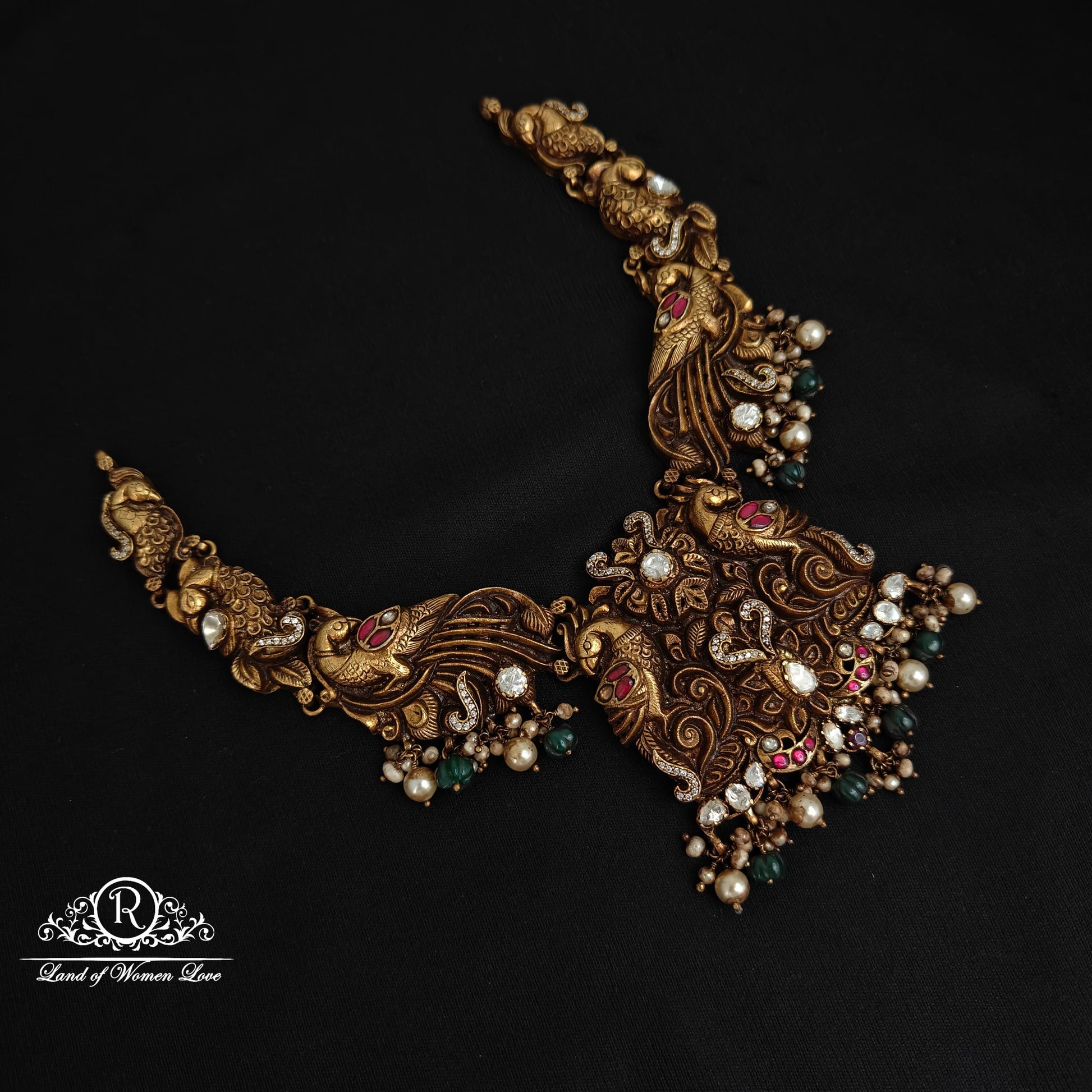 necklace 92.5 silver peacock design kundans and polki necklace-rcm1123 polki 92.5 silver ramala jewelry / ramala collections
