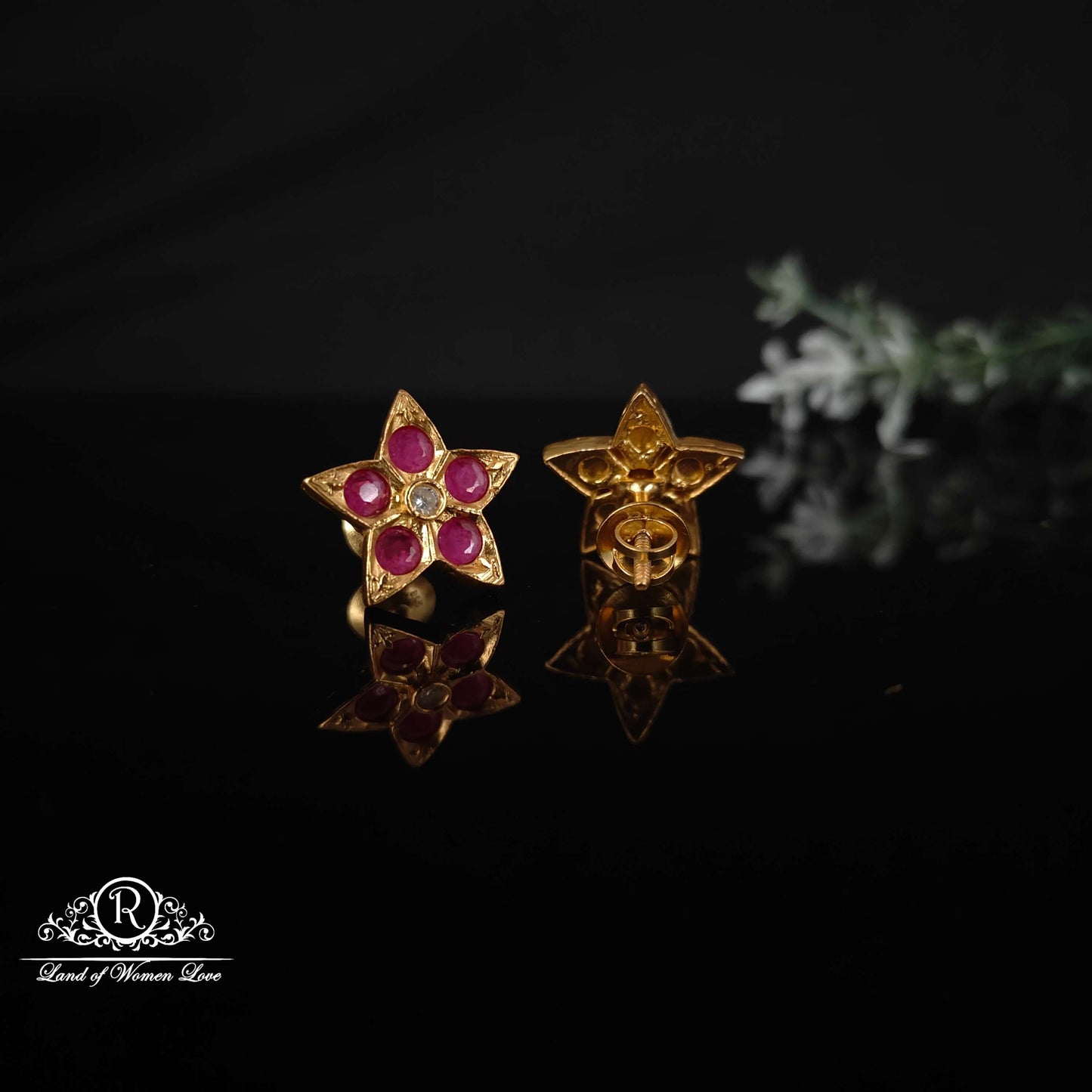 Flower design pink Stones Silver Studs-RCM1033