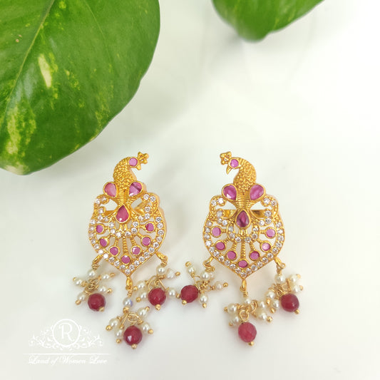 earrings silver kempu stones peacock design earrings-m135 92.5 silver ramala jewelry / ramala collections