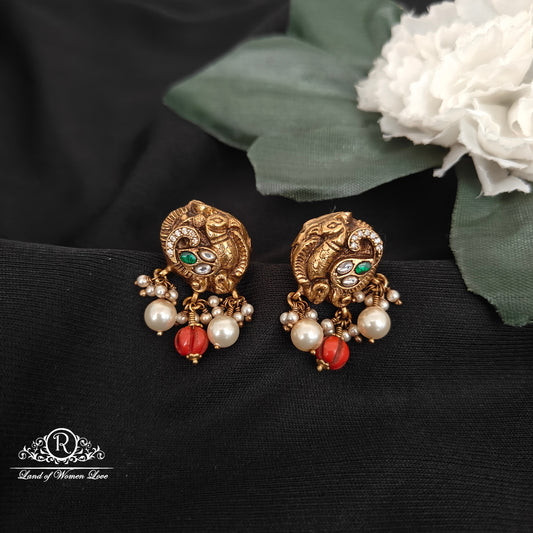 earrings 92.5 silver nakshi peacock design earrings-rcm1046 coral 92.5 silver ramala jewelry / ramala collections