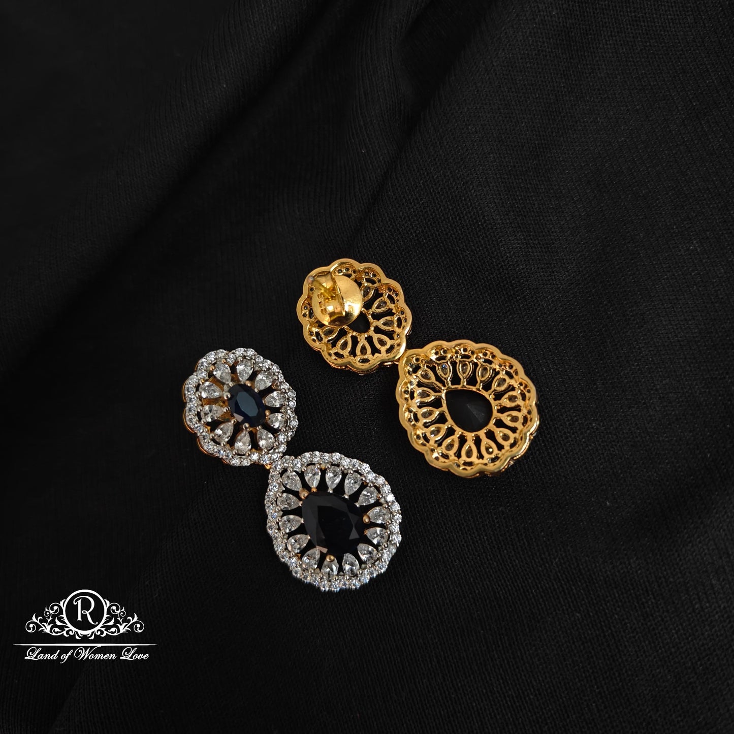 92.5 Silver Diamond finishing Black stone Necklace Set-RCDS085