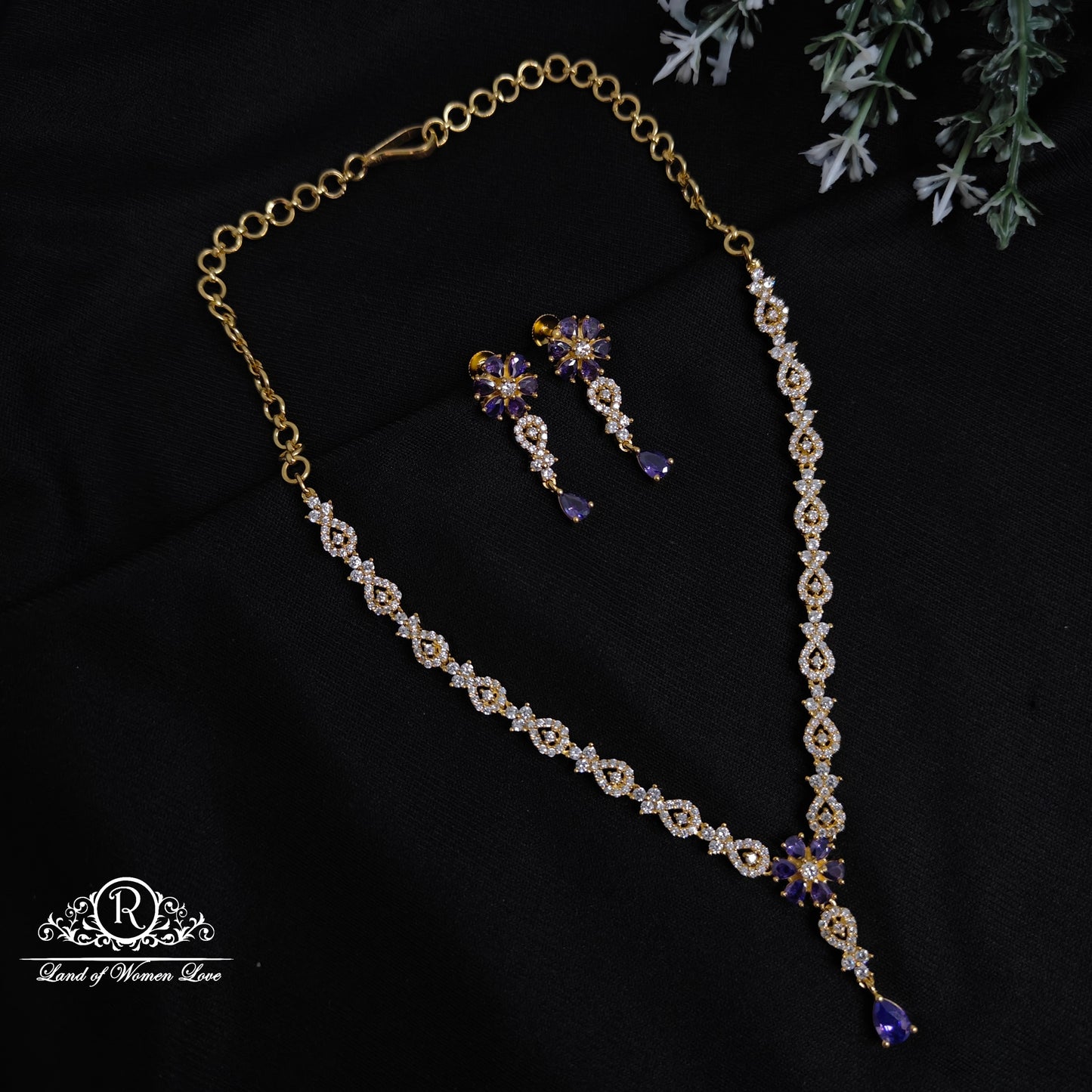 earrings 92.5 silver cz- stones flower design necklace set cz 92.5 silver ramala jewelry / ramala collections