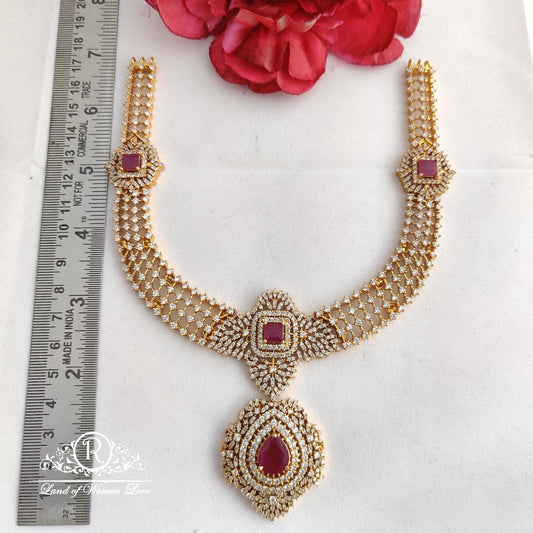 92.5 Silver Necklace With Rubies And Diamond Look Finish:RCV136
