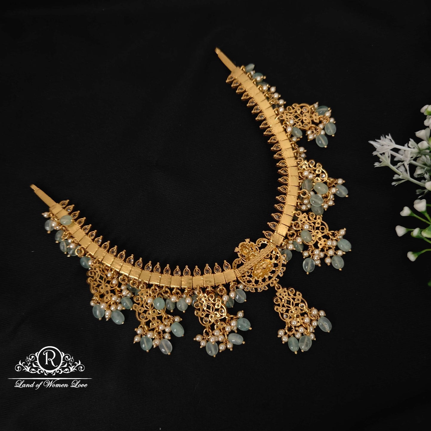 Silver White & Green Stones Design Necklace-RCM777