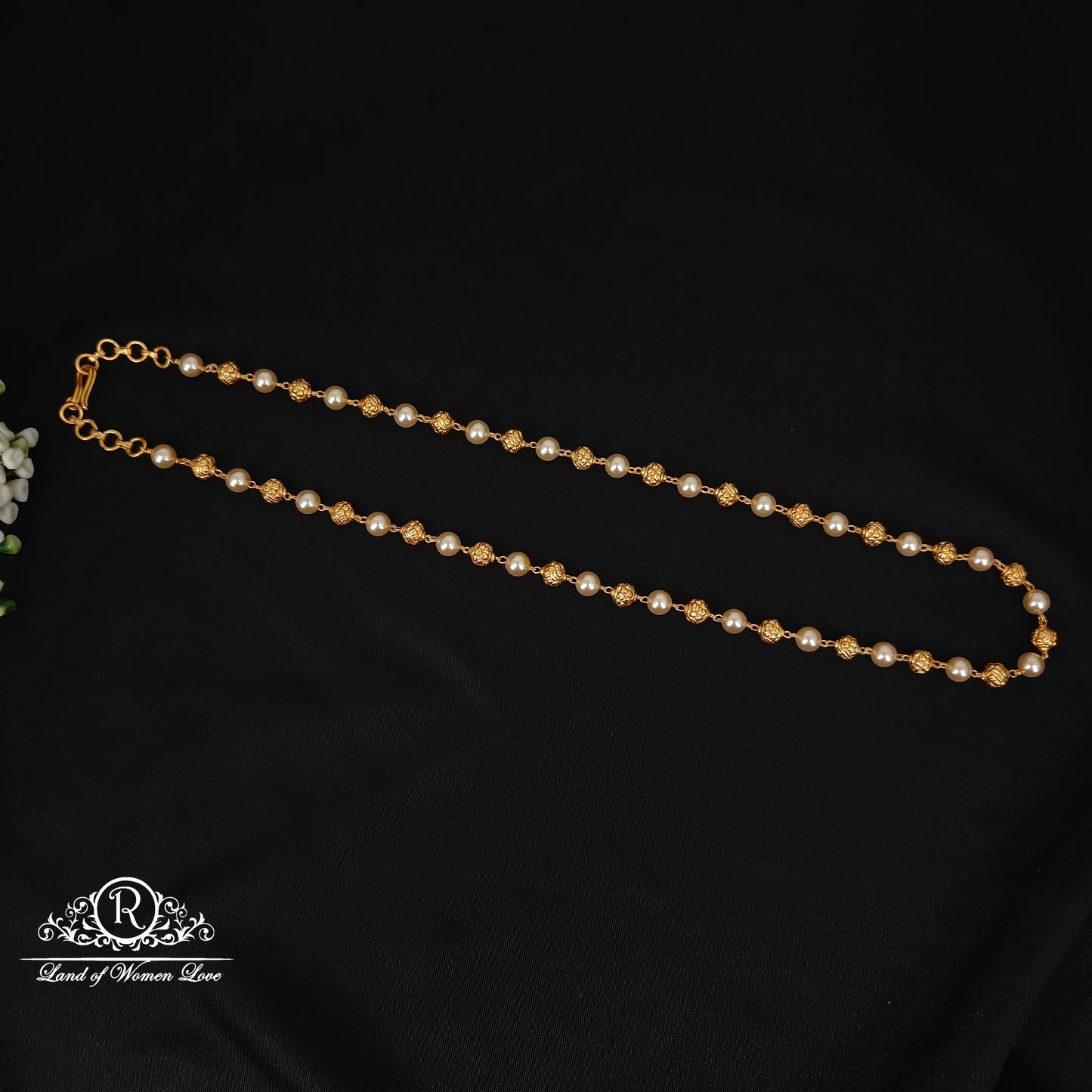 92.5 silver simple and cute beads mala with pearls and gold balls -rcjr955 92.5 silver ramala jewelry / ramala collections