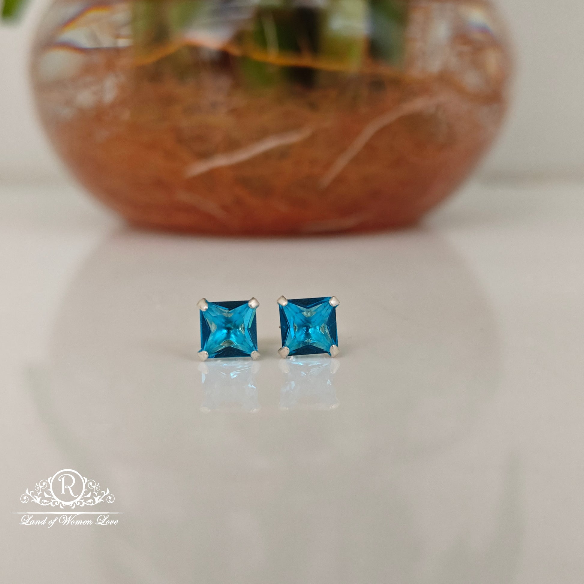 stud 92.5 silver swiss blue square cut stud earrings-rchs37-2 92.5 silver ramala jewelry / ramala collections