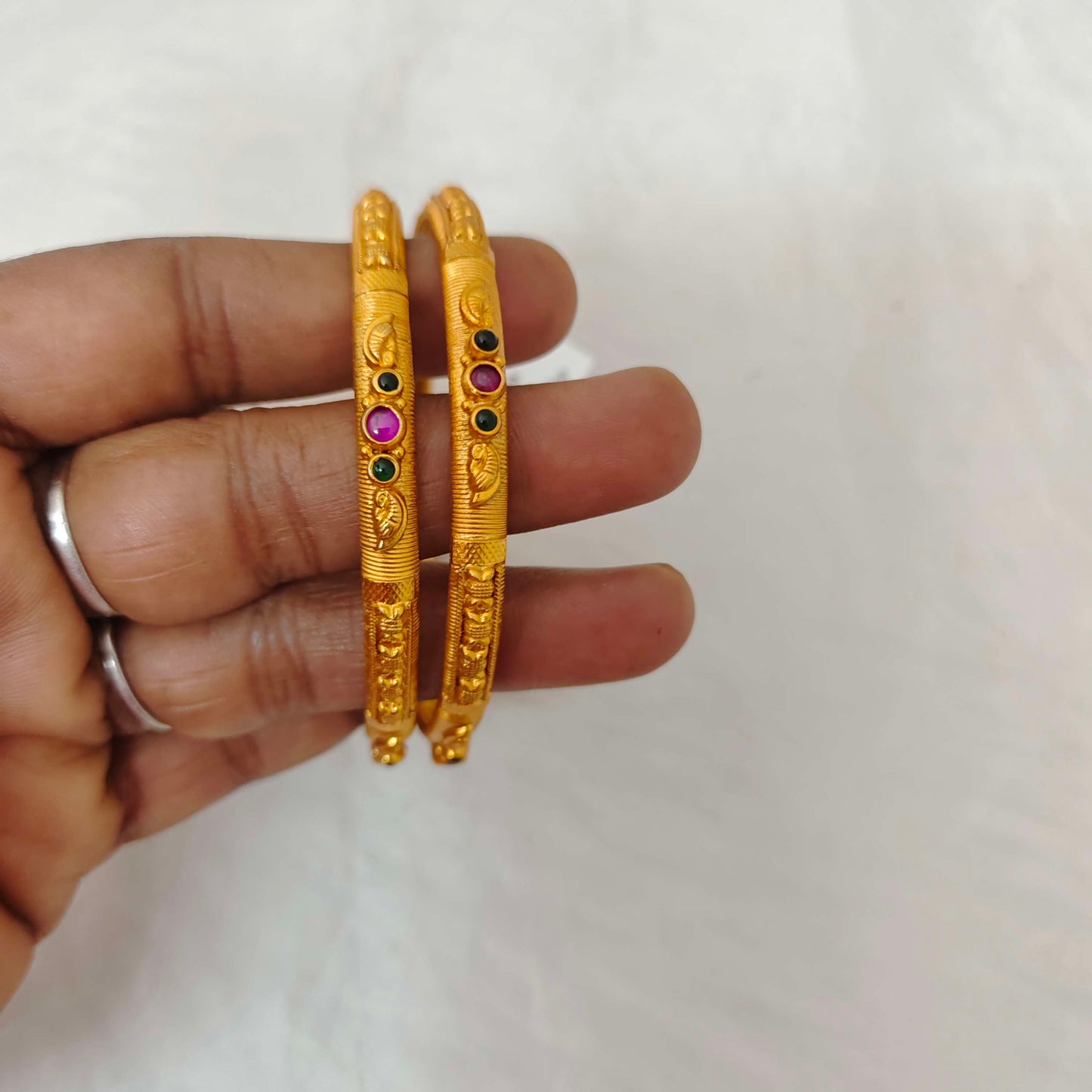 Silver Base Gold Polish Design Bangles-RCH511