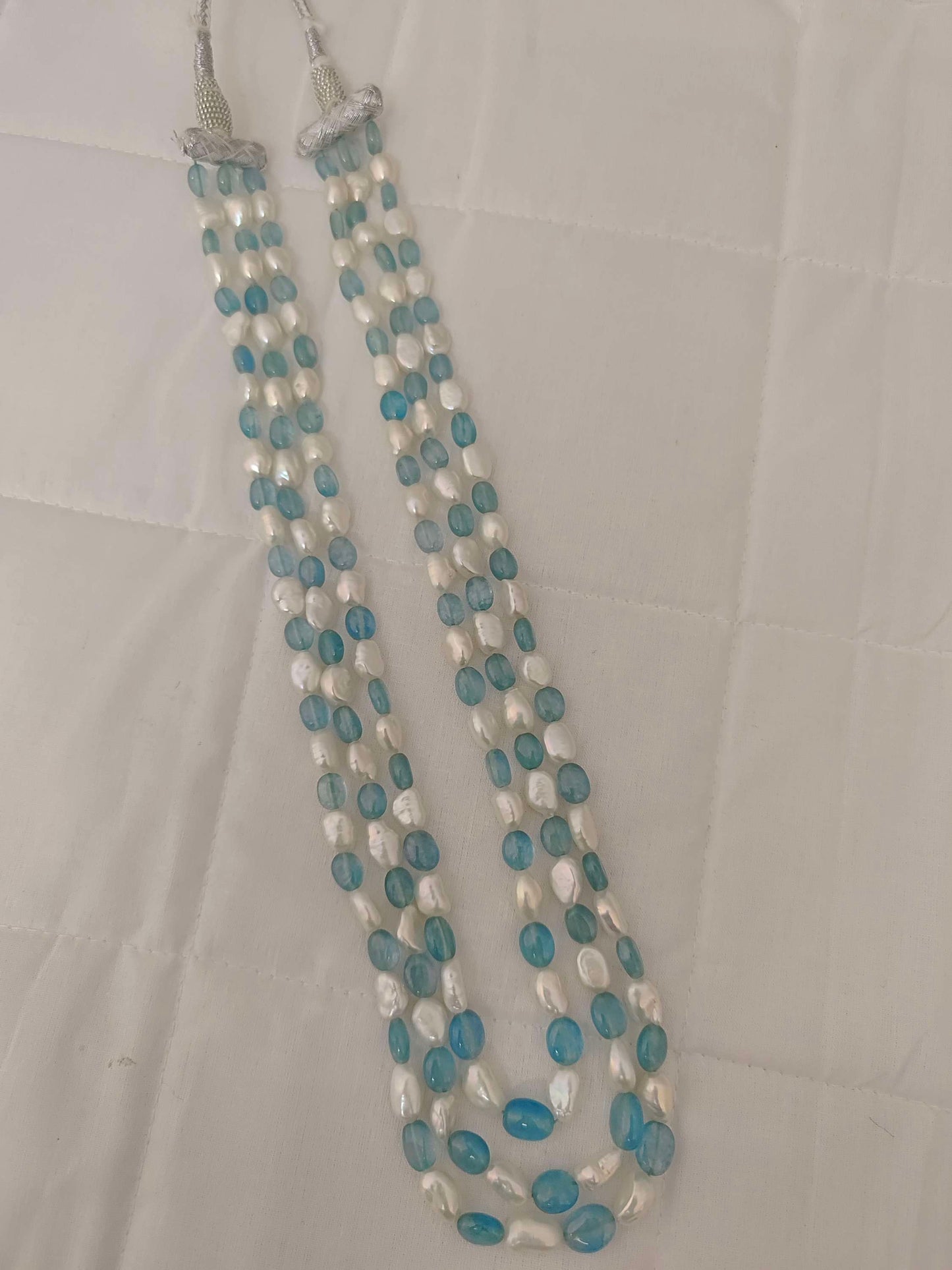 Natural Blue Aquamarine Smooth Nuggets With Pearl 3 Line Beads Mala-RCMB16