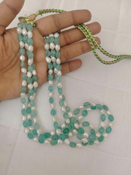 Light Green With Pearls Round Shape 3 Line Beads Mala-RCMB14