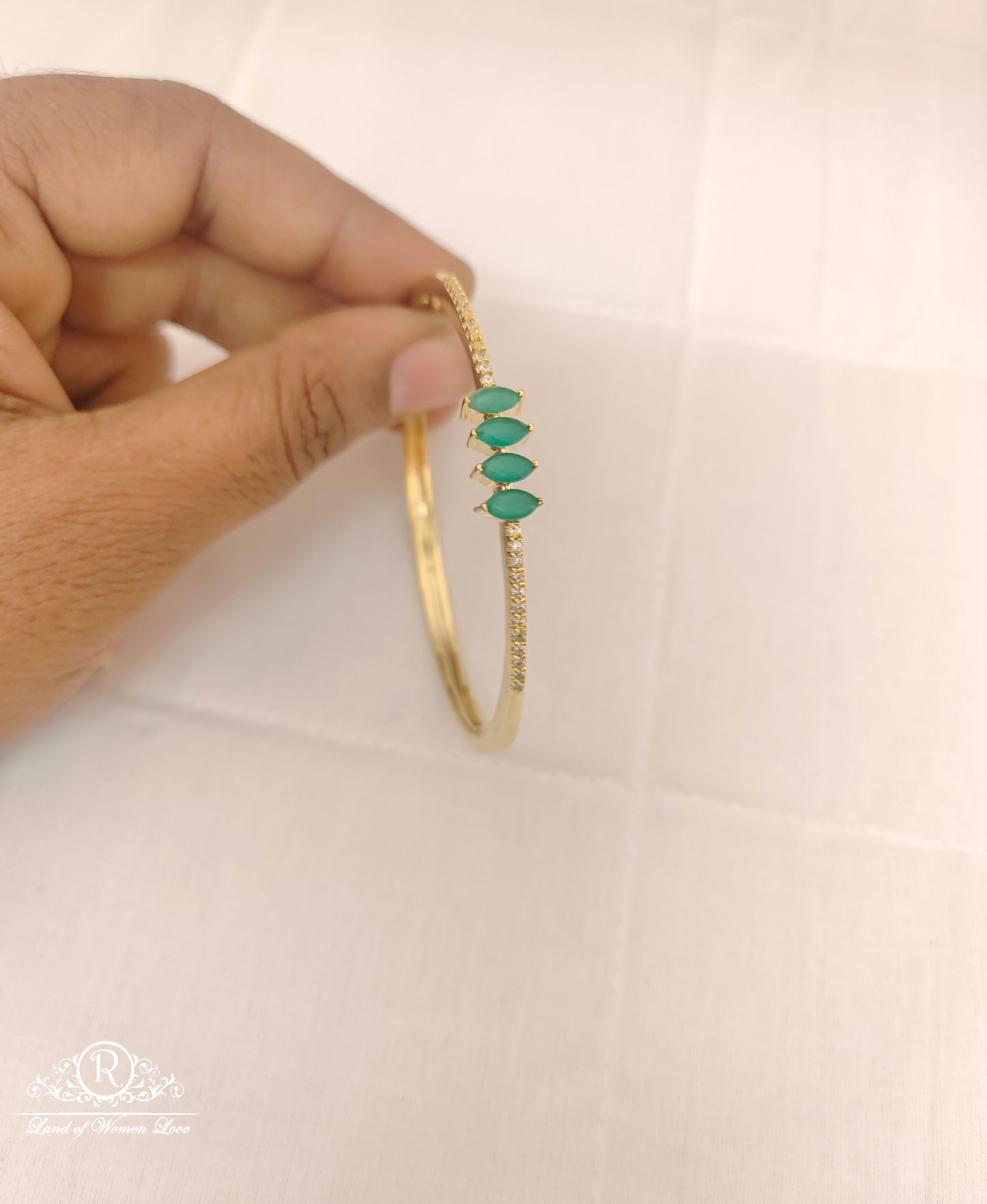 Silver CZ-White & Green Stones Kada Bracelet-RCES04