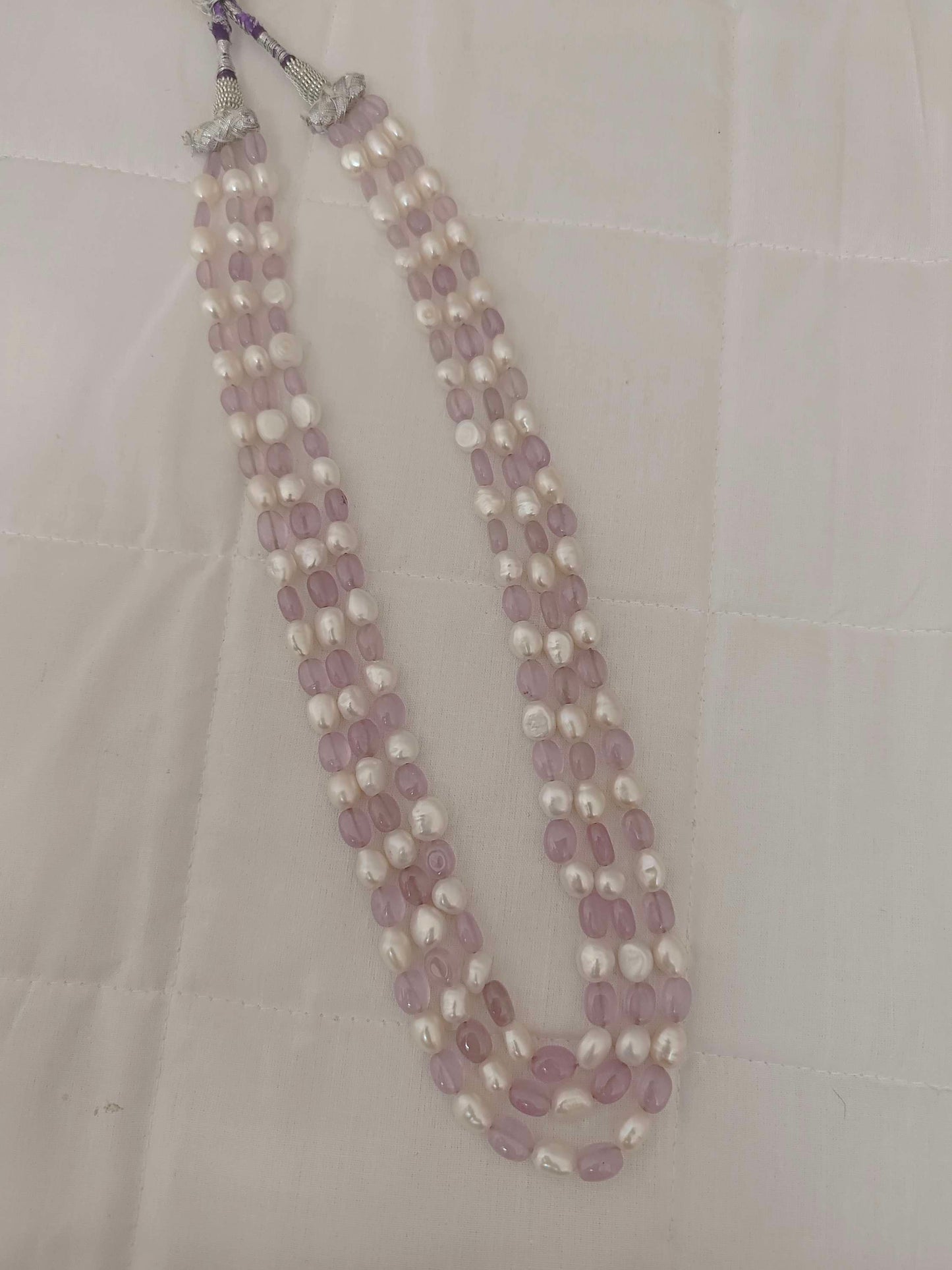 Natural Light Blue With Pearl Round Shape 3 Line Beads Mala-RCMB13