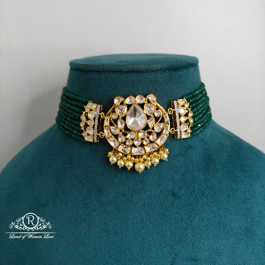 92.5 Silver Polki Green beads Chocker-RCSJ004