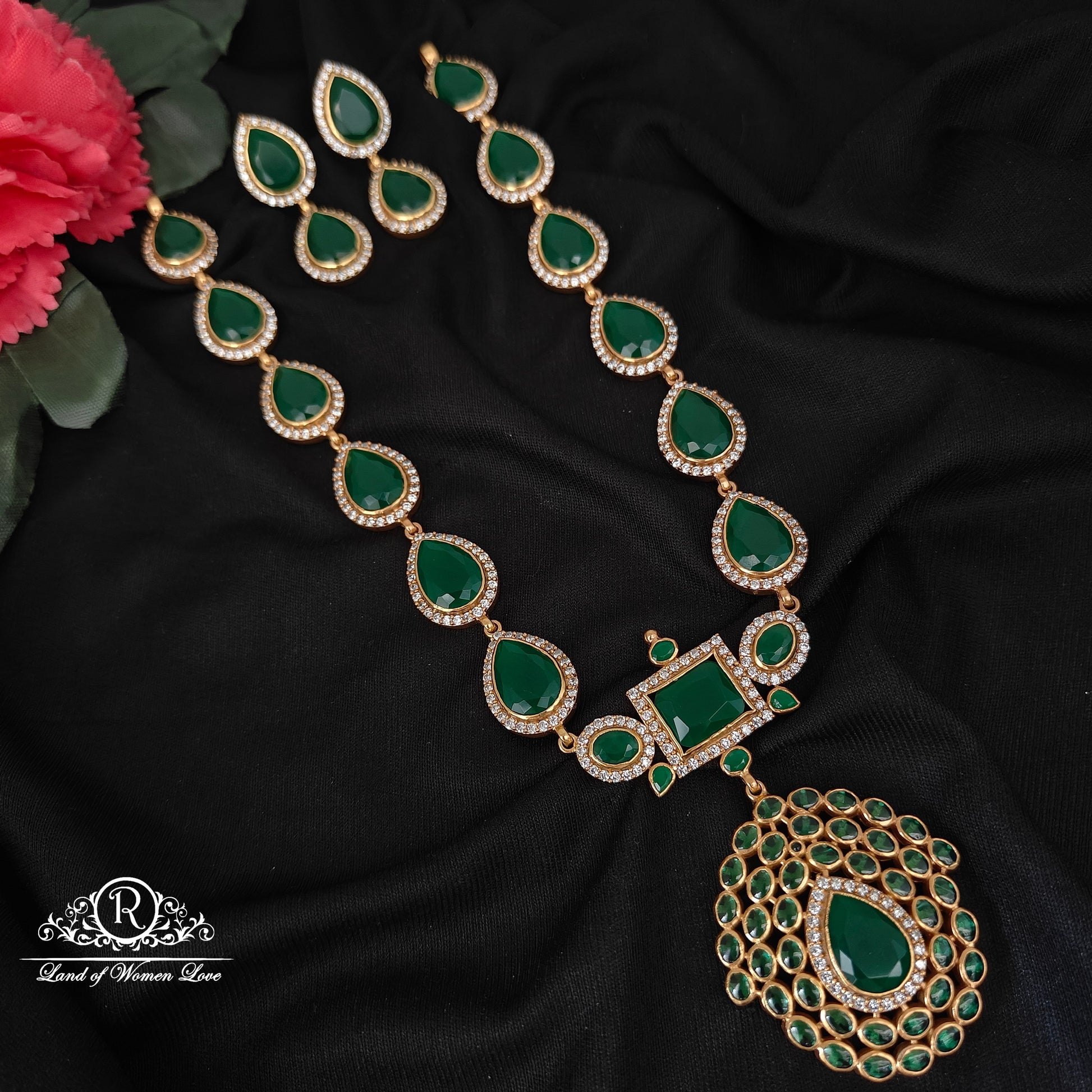 earrings 92.5 silver simple and cute green stone necklace with earrings-rcl64 92.5 silver ramala jewelry / ramala collections