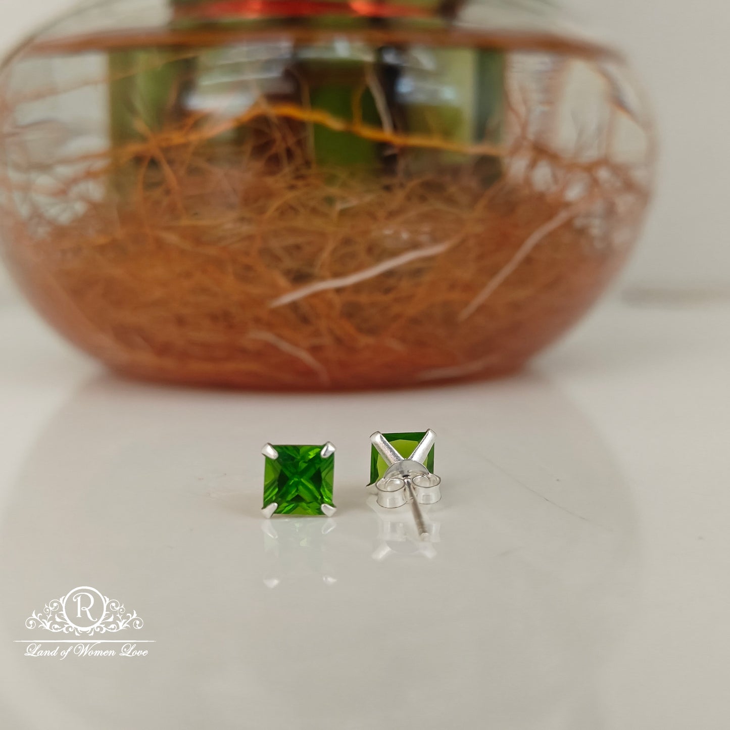 92.5 Silver Emerald green square cut Stud earrings-RCHS37-3