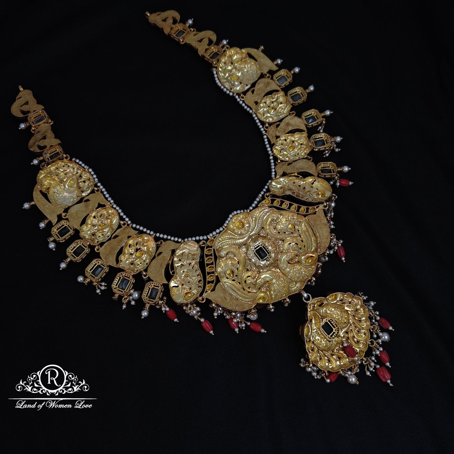 92.5 Silver peacock design Nakshi haram with polki and kundans-RCM1120