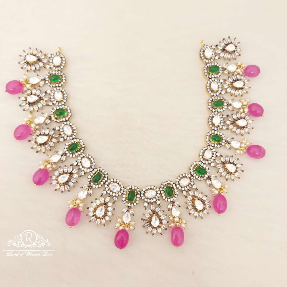 necklace silver black cz- white stones & green stones necklace-m208 cz 92.5 silver ramala jewelry / ramala collections