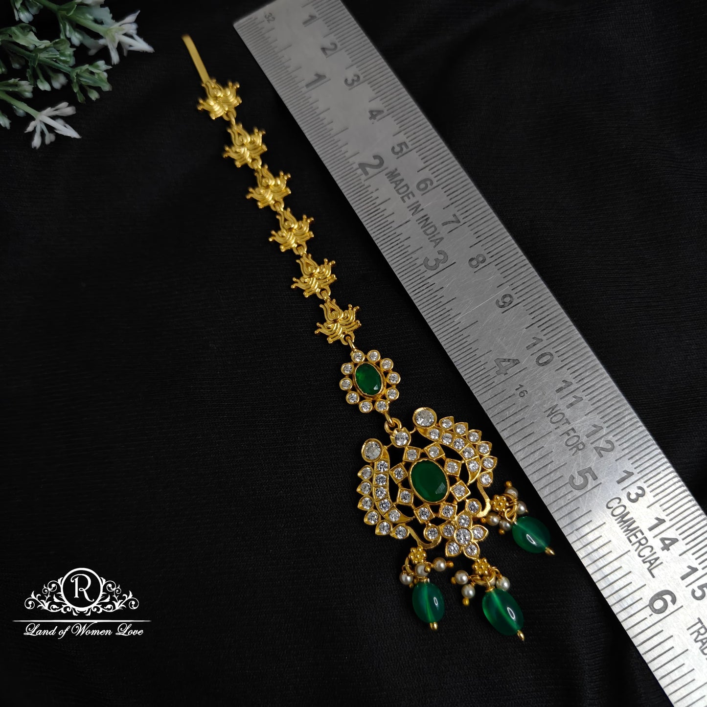 Silver white stone green beads hanging tikka-RCM1101