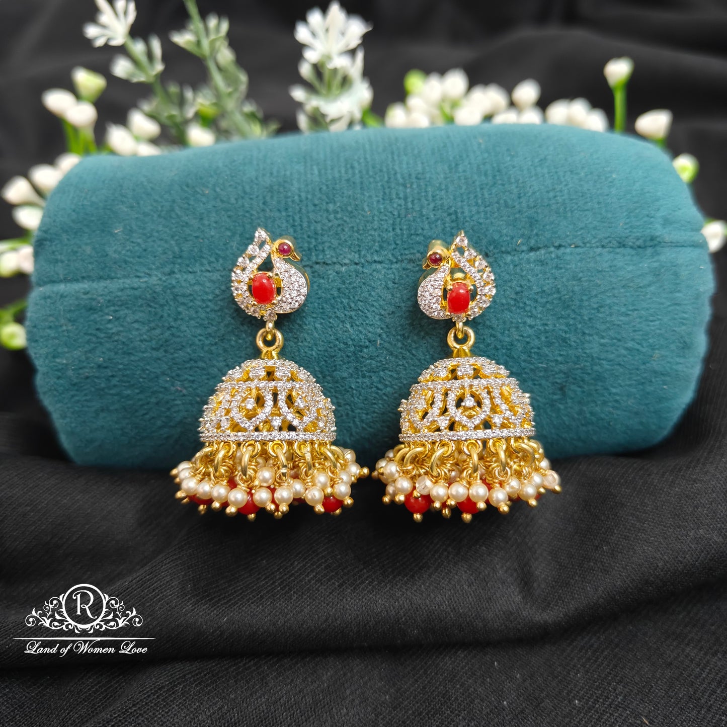 earrings 92.5 silver daimond finishing peacock design corals jhumkas 92.5 silver ramala jewelry / ramala collections