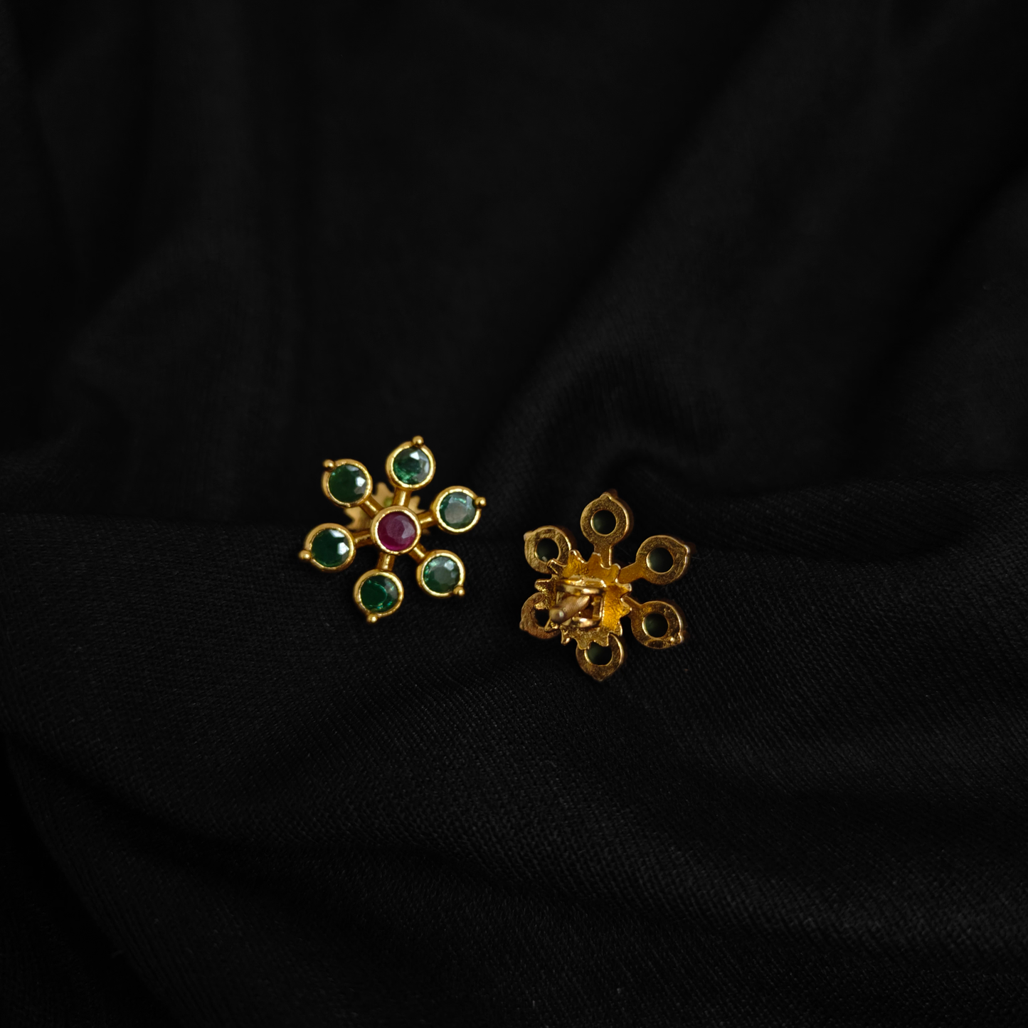 92.5 Silver Flower design Green and middle pink Stone Studs-RCM1082