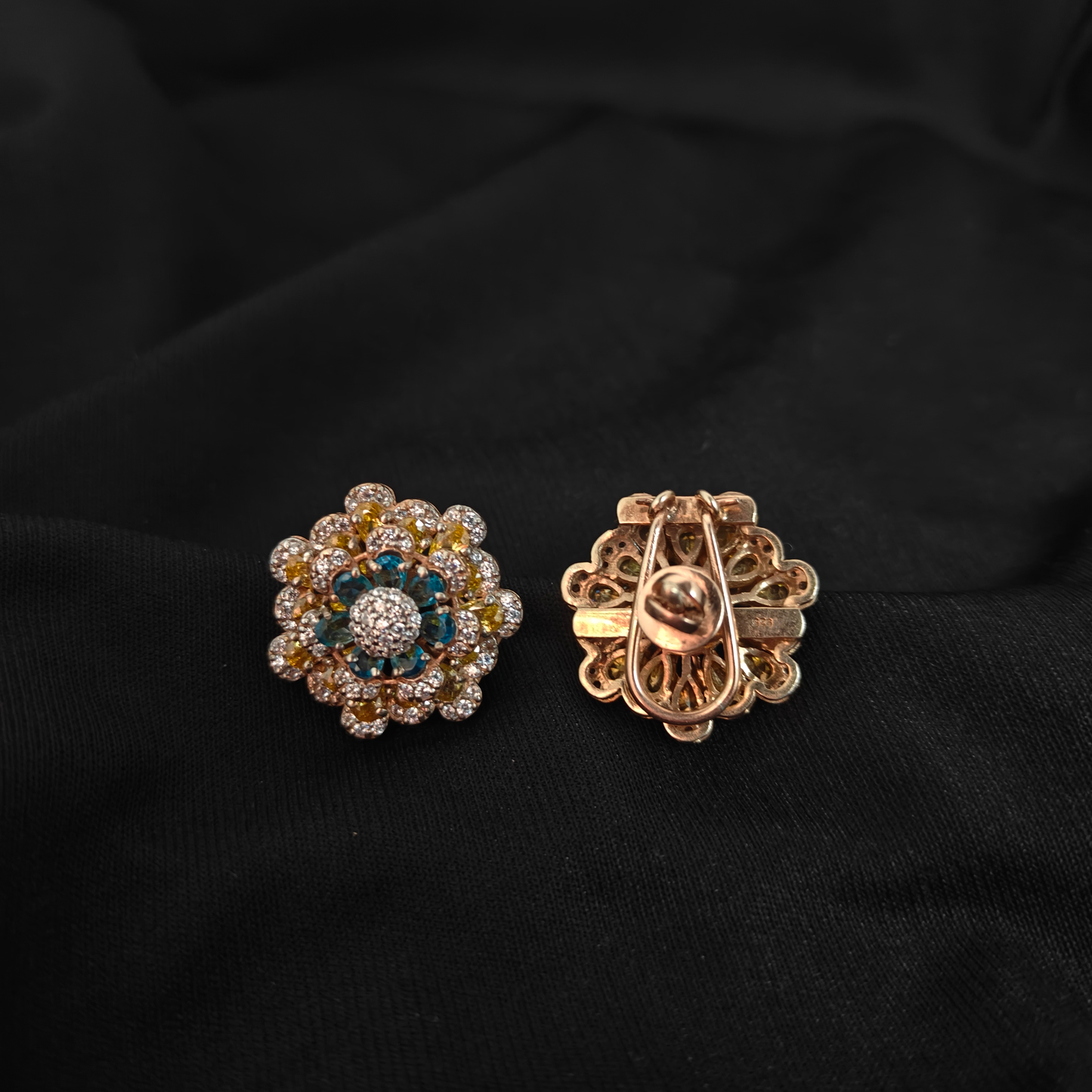 92.5 Silver Fusion Beautiful design coloured Stones flower design Studs-RCM1078