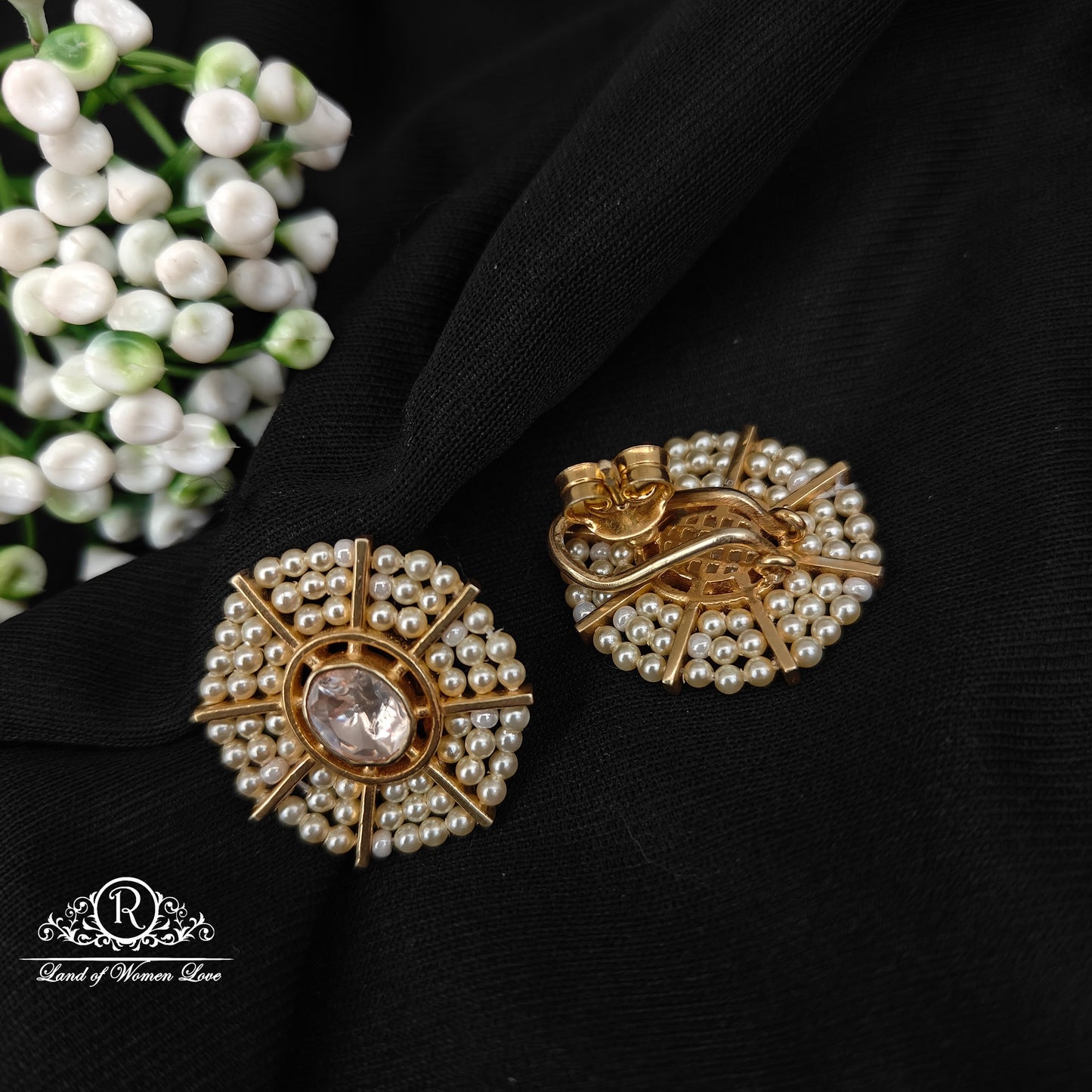 92.5 silver simple and Cute earrings with white stones and pearls  -RCAD05