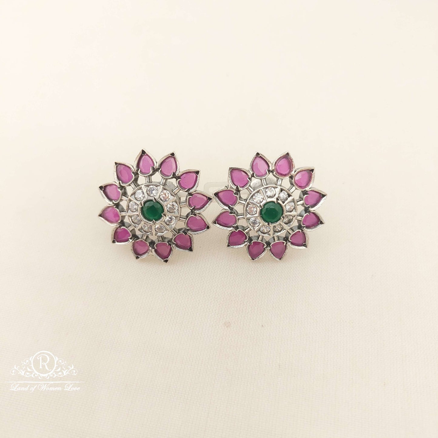 Silver Kempu Stones Stud Earrings-M313