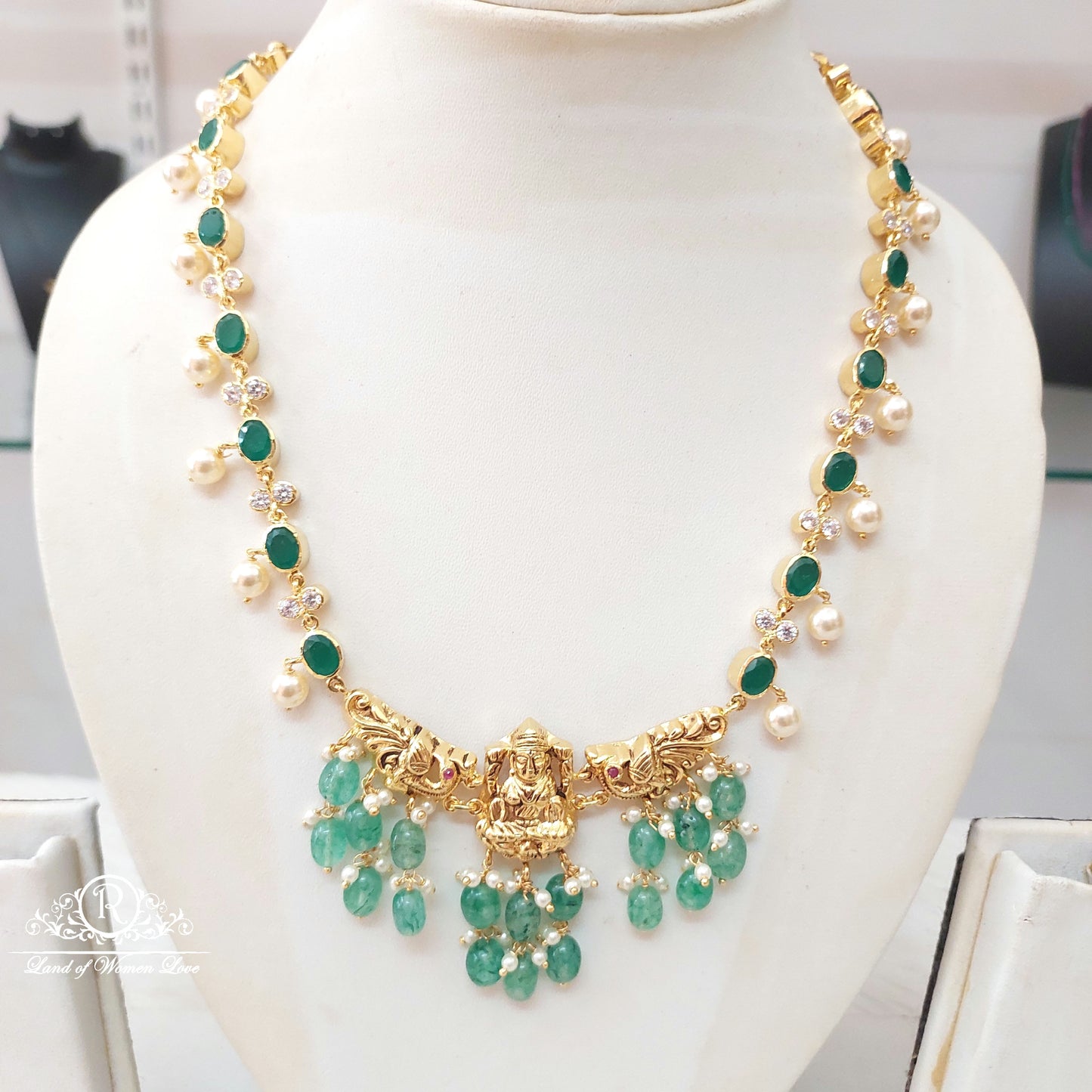 necklace silver green stones lakshmi devi necklace-s780 92.5 silver ramala jewelry / ramala collections