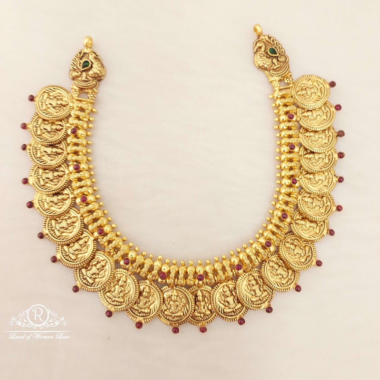 Silver With Kempu Stones Lakshmi Devi Kasula Necklace-C113