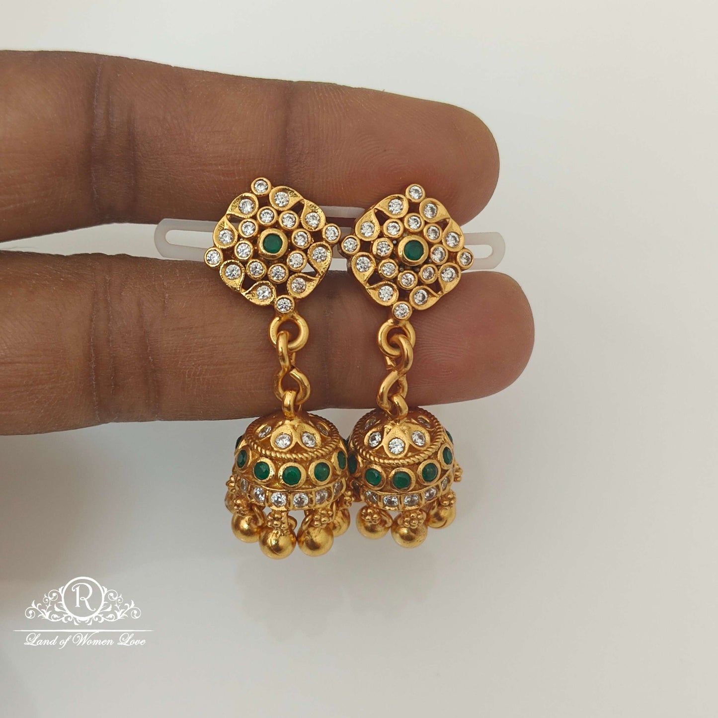 jhumka silver white & green stones jhumkas-rccp134 92.5 silver ramala jewelry / ramala collections