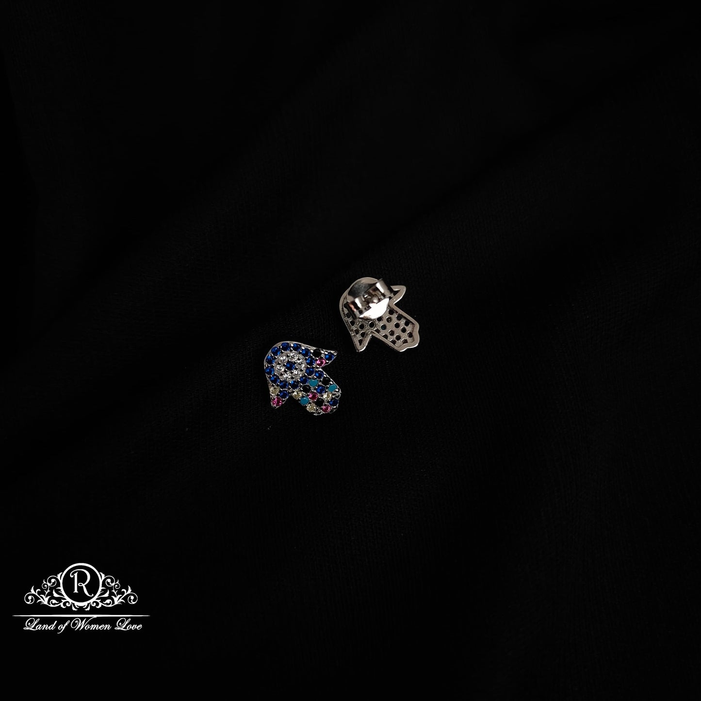 Silver multicolour hamsa hand studs earrings -RCHS38-14