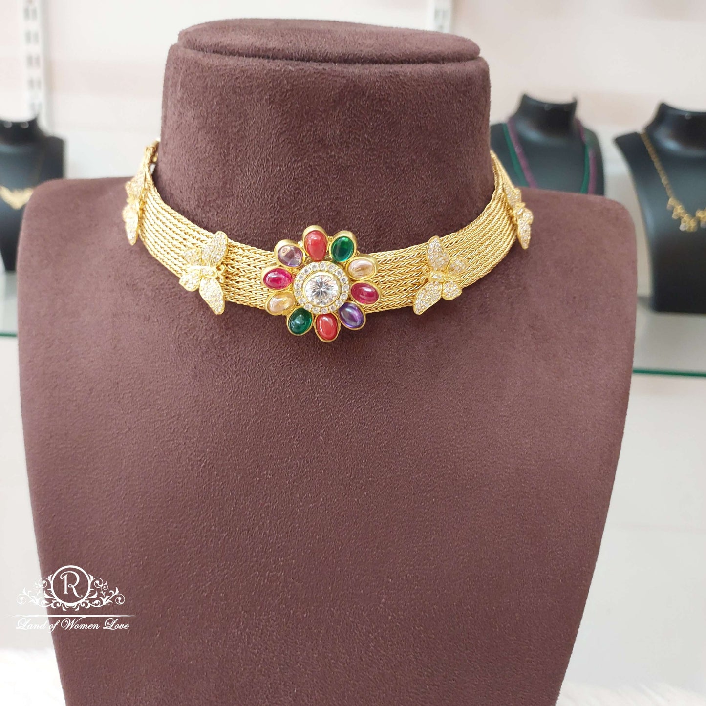 necklace silver moissanite stone chocker-s764 navaratna 92.5 silver ramala jewelry / ramala collections