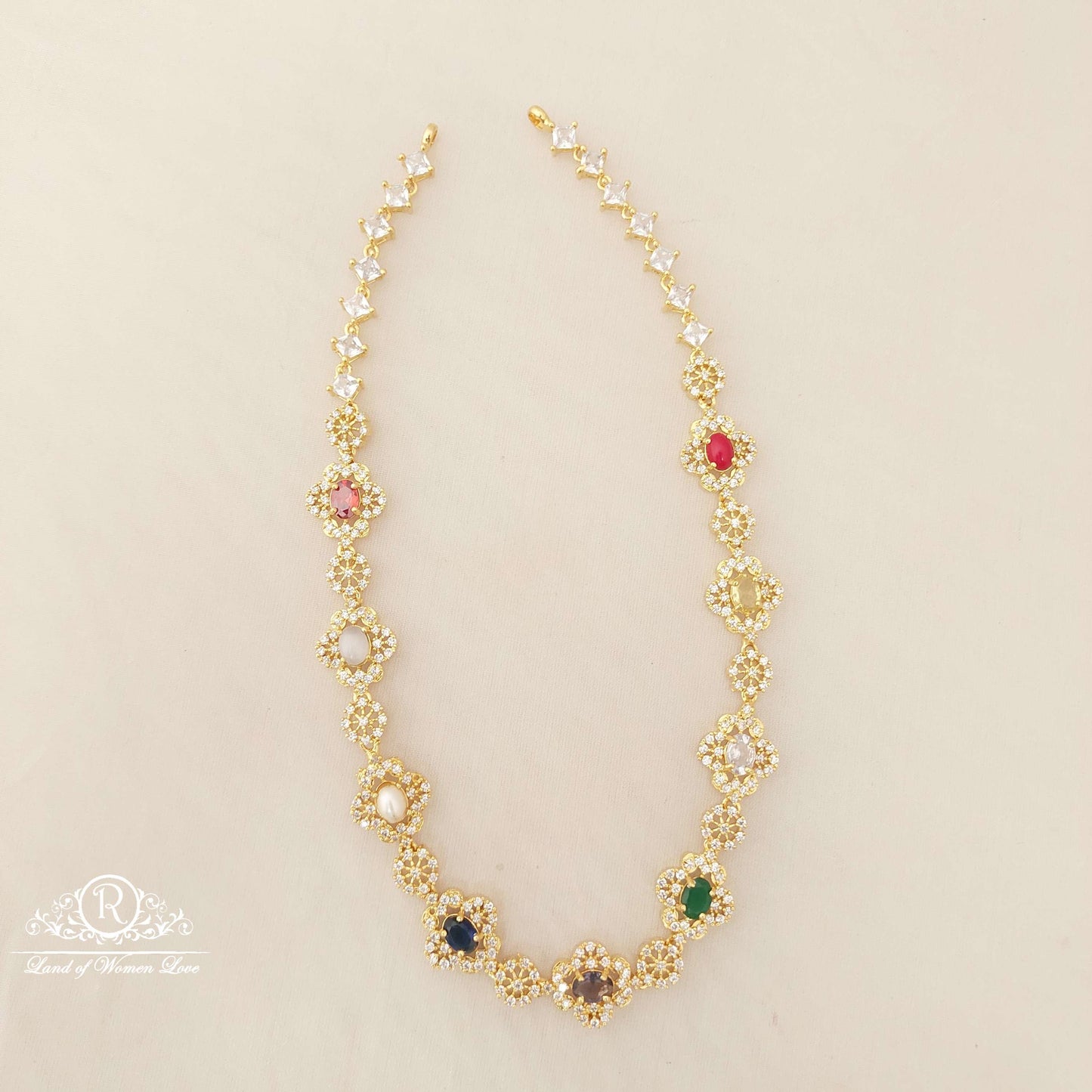 Silver WhitevWith Navaratna Stones Necklace-D053