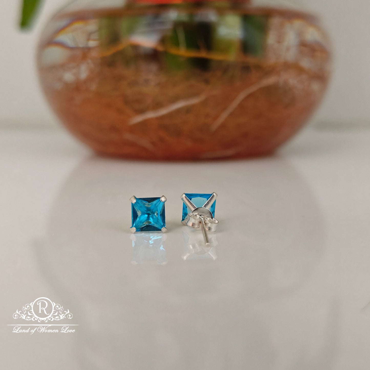 92.5 Silver Swiss Blue square cut Stud earrings-RCHS36-5