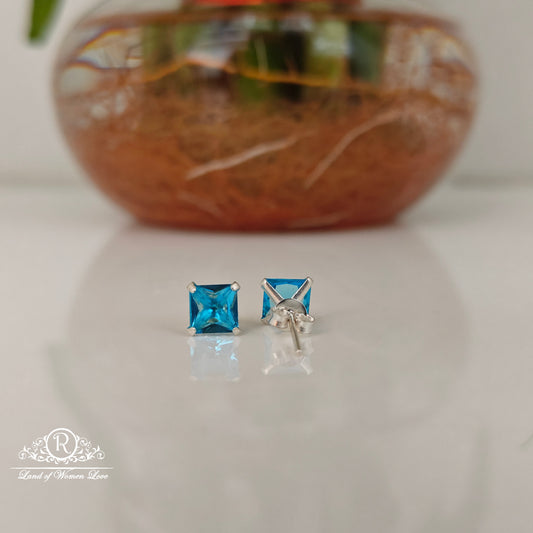 92.5 Silver Swiss Blue square cut Stud earrings-RCHS36-5