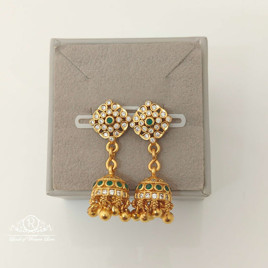 Silver White & Green Stones jhumkas-RCCP134