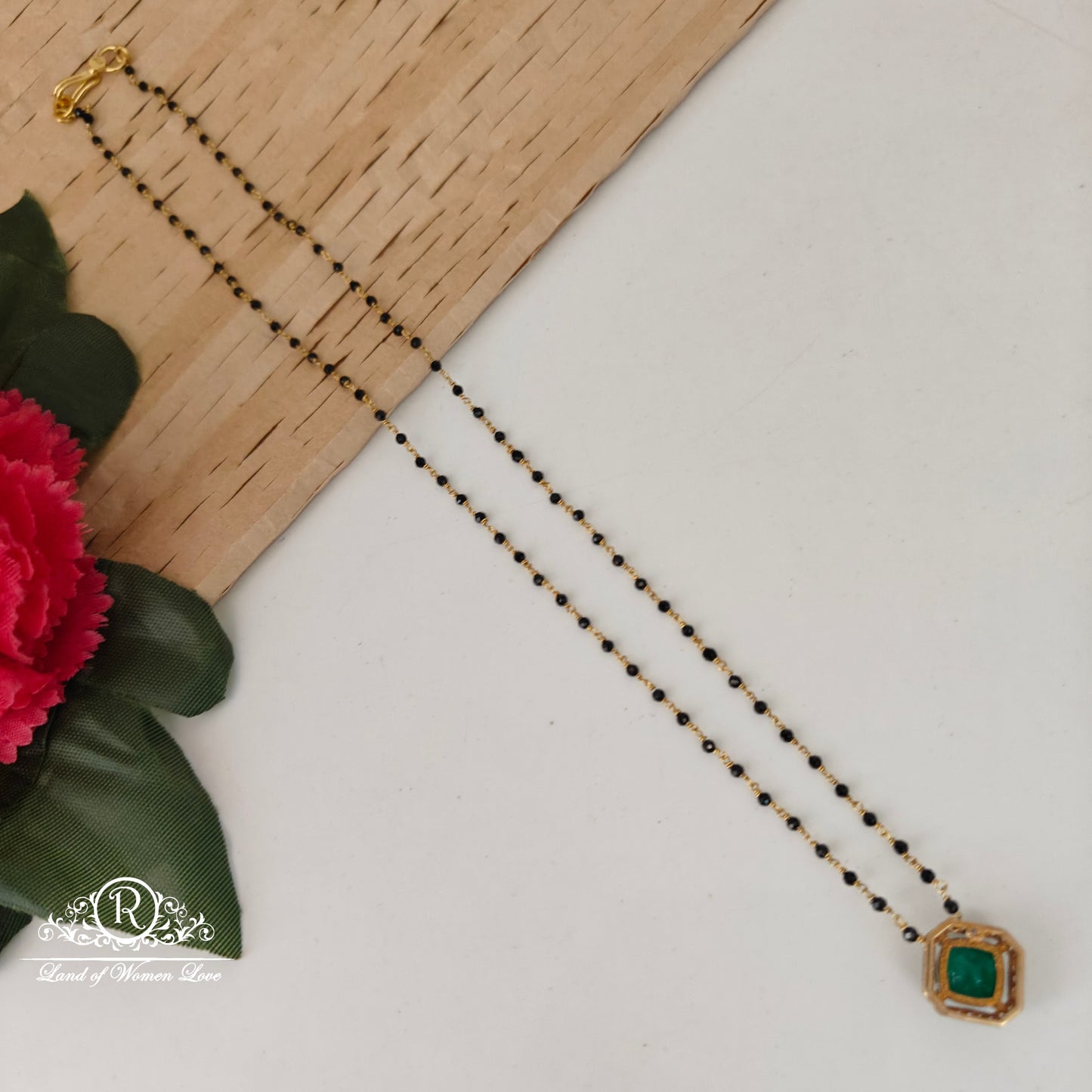 92.5 silver simple and Cute black beads with green stone locket -RCH956