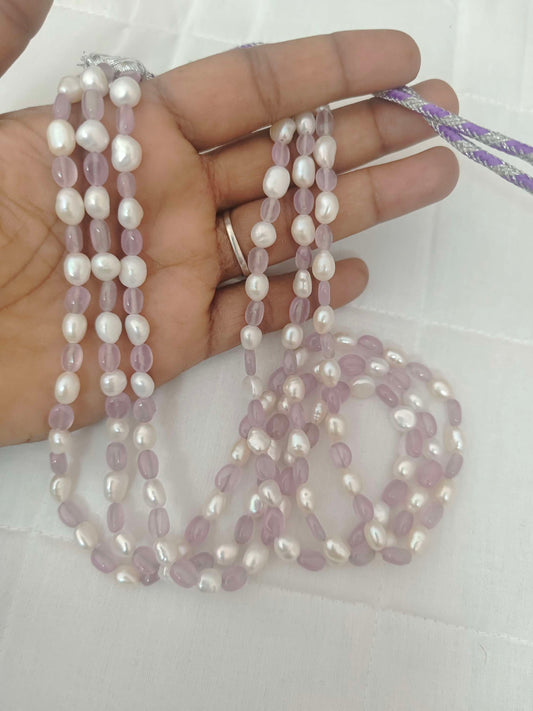 Natural Light Blue With Pearl Round Shape 3 Line Beads Mala-RCMB13