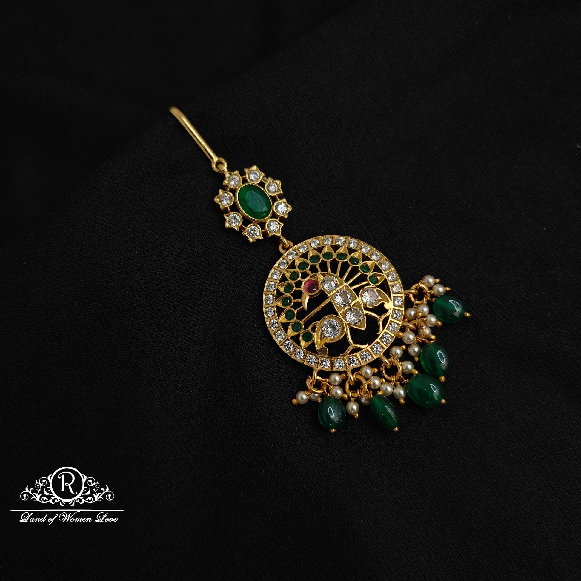 maang tikka 92.5 silver peacock design green and white cz's tikka-rcm1152 cz 92.5 silver ramala jewelry / ramala collections