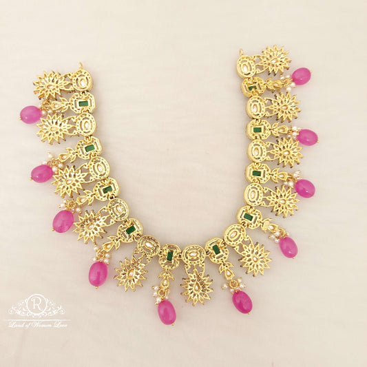 Silver Black CZ- White Stones & Green Stones Necklace-M208