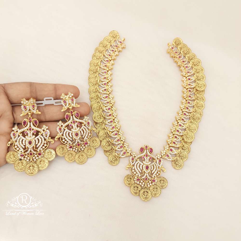 Silver Lakshmi Devi Kasula With Mango Necklace With Earrings Set-C120C133