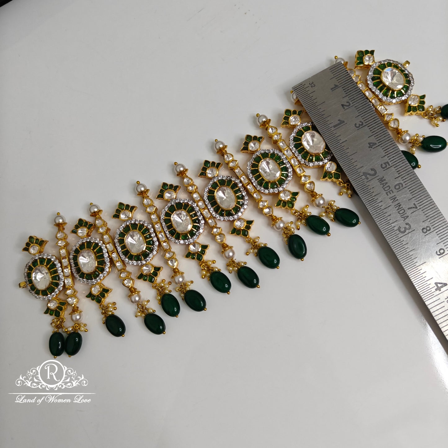 92.5 Silver Green and white polki and emeralds Chocker-RCSJ003