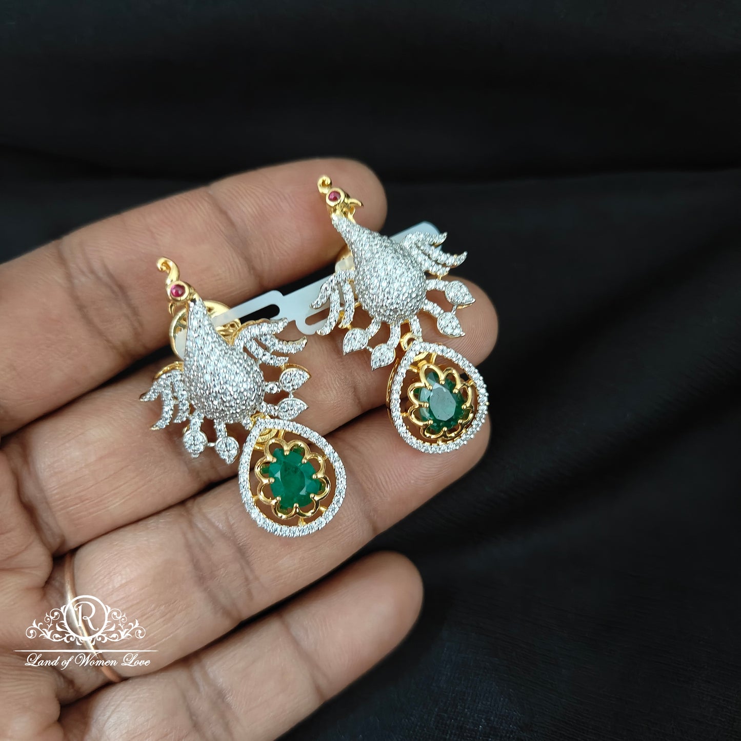 Silver peacock design CZ- stone earrings-RCDS431