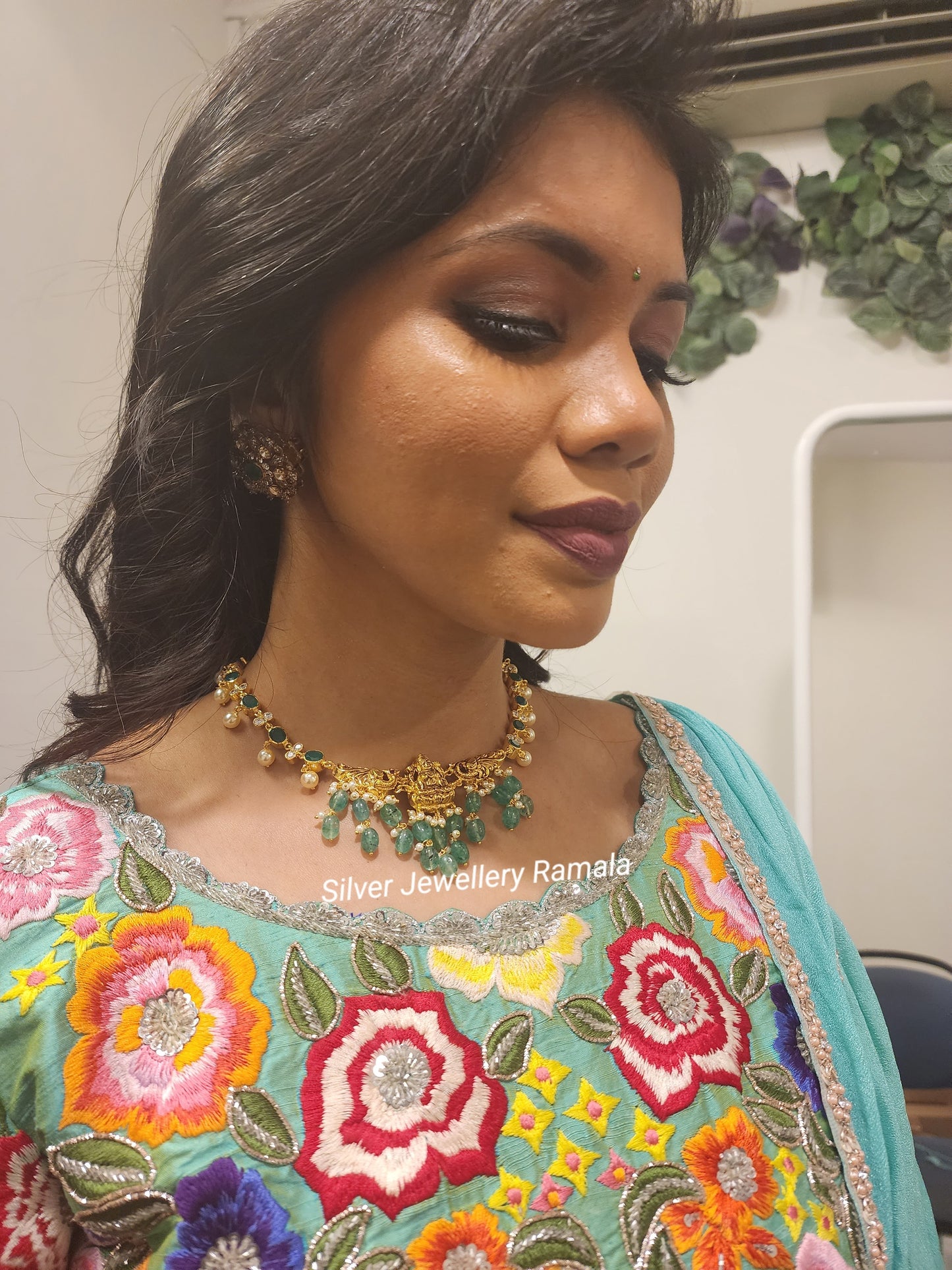 Silver Green Stones Lakshmi Devi Necklace-S780