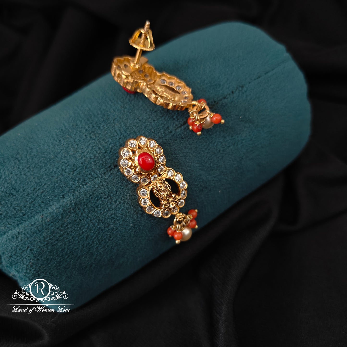 earrings 92.5 silver simple and cute lakshmi devi design with coral earrings -rcm321 coral 92.5 silver ramala jewelry / ramala collections