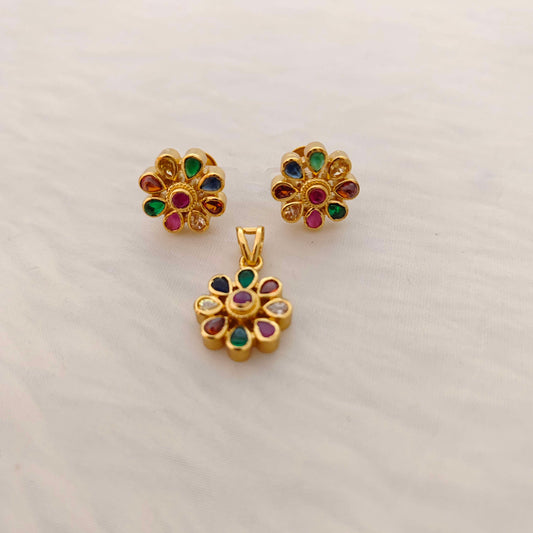 Silver base gold polish navaratna pendant -RCT55