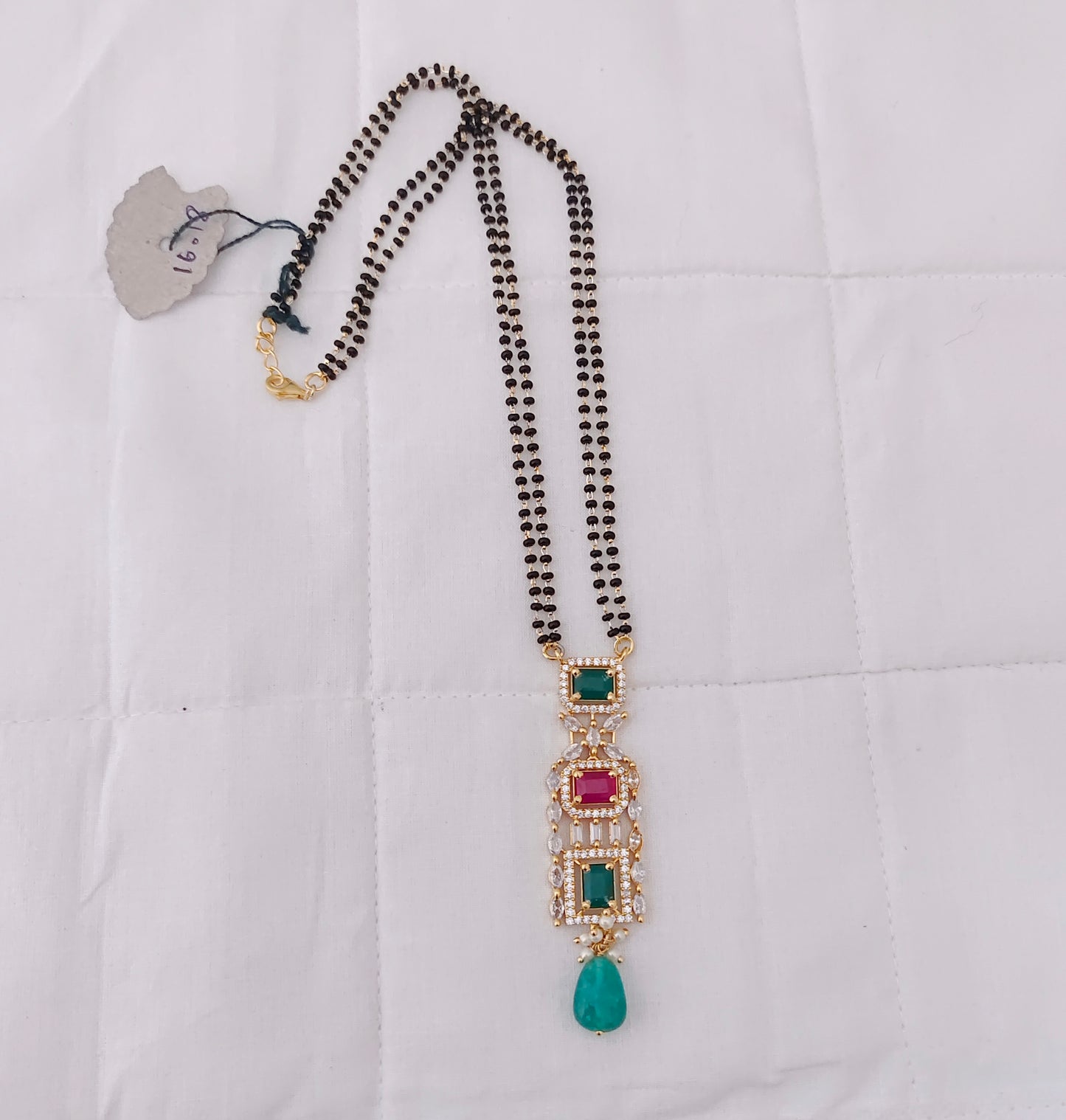 Silver CZ-gold polish black beads chain -RCD144