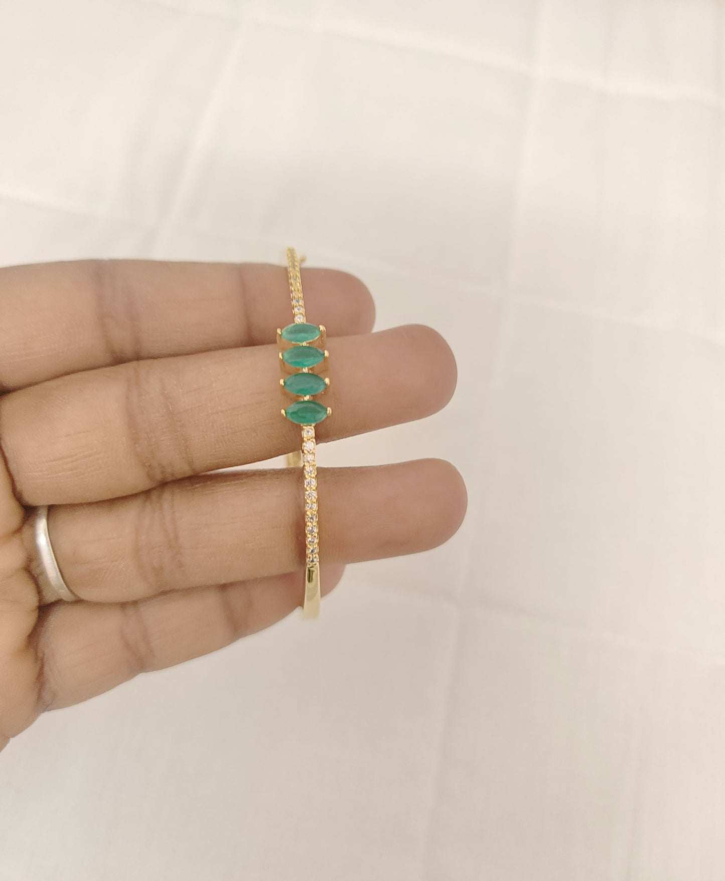 Silver CZ-White & Green Stones Kada Bracelet-RCES04