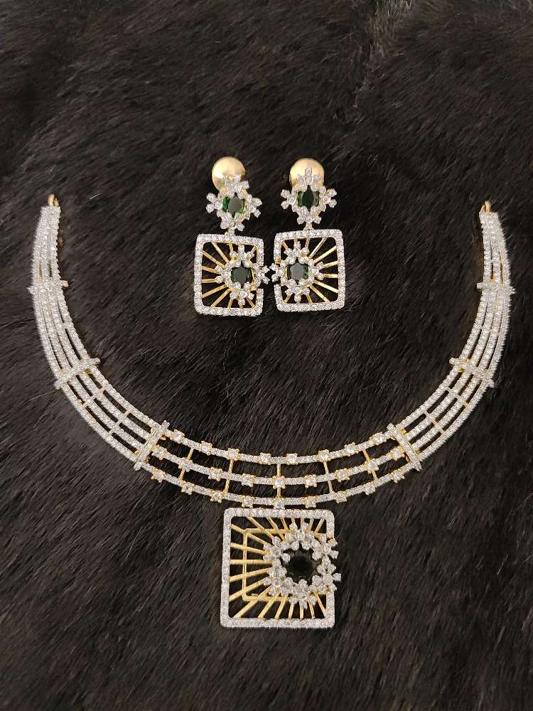 Silver CZ- Stones Necklace With Matching Earrings-RCJR240RCJR241