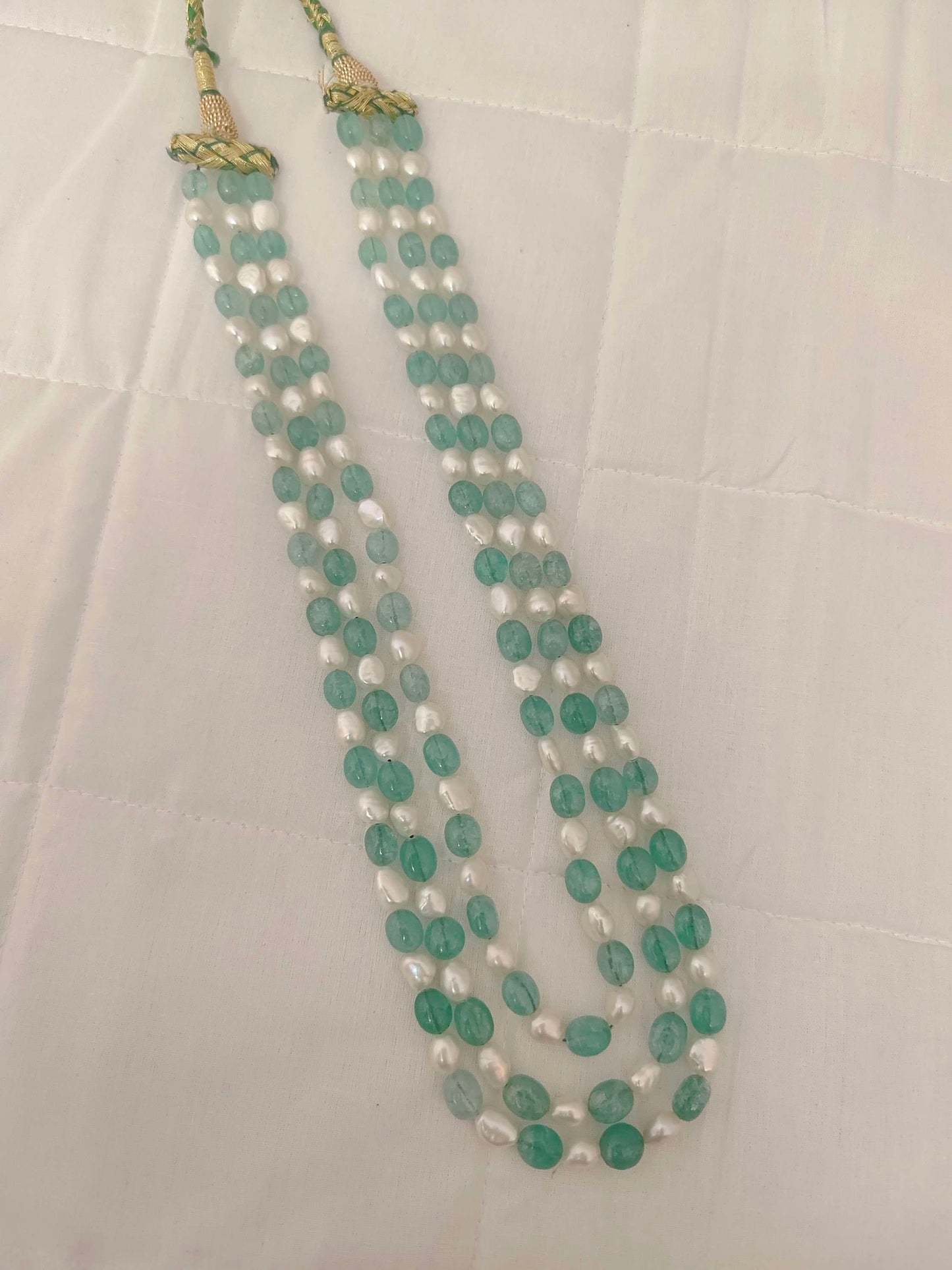 Light Green With Pearls Round Shape 3 Line Beads Mala-RCMB14